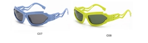 Side-by-side comparison of futuristic cutout sunglasses in light blue and neon yellow