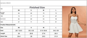 Size chart and detail view of a white lace sleeveless mini dress with floral embroidery