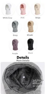Detail view of winter knitted hooded hat featuring thick grey plush lining and face cover