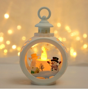 Detail of white Christmas lantern featuring a snowman scene and a warm LED candle light
