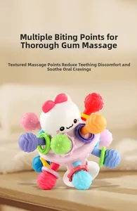 Close-up of colorful silicone textured tentacles on a baby teether ball for gum massage