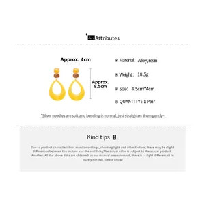 Detailed spec sheet showing yellow resin teardrop earrings size 8.5x4cm and 18.5g weight