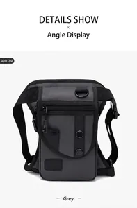 Detail shot of a dark grey tactical leg bag with adjustable straps and durable nylon texture