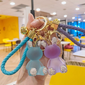 Cute resin jelly rabbit keychain with rhinestones and colorful braided wrist strap