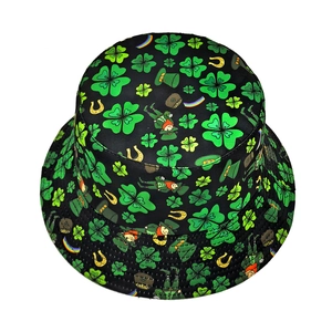St. Patrick's Day bucket hat with green clover, leprechaun and rainbow festive patterns