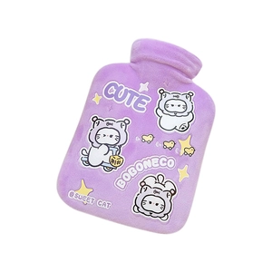 Cute purple plush hot water bottle with cartoon cat design and soft velvet texture