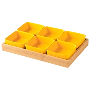 Modern set of 6 yellow ceramic snack bowls on a rectangular natural bamboo wood tray