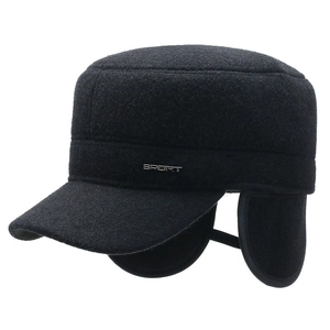 Men's winter flat top hat with earflaps, thick warm black thermal wool cap for elderly