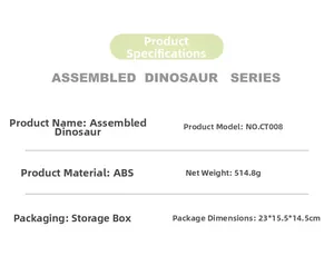 Specifications for ABS take-apart dinosaur toy set in storage box size 23x15.5x14.5cm