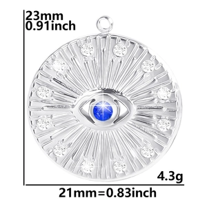 Detail view of evil eye necklace pendant with dimensions 23mm height and 4.3g weight