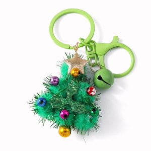 Christmas tree keychain with green pompom, golden star, bell and colorful metal beads