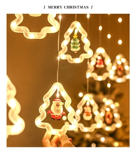 Detail of warm white LED Christmas window lights with Santa and tree shaped ornaments