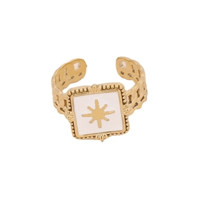 Adjustable gold stainless steel ring featuring a square white enamel star compass design