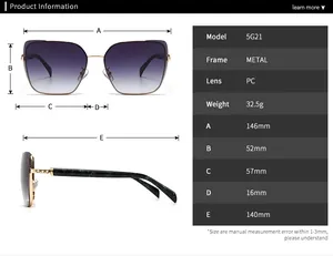 Detailed size chart for retro metal frame sunglasses 5G21 with lens and bridge dimensions