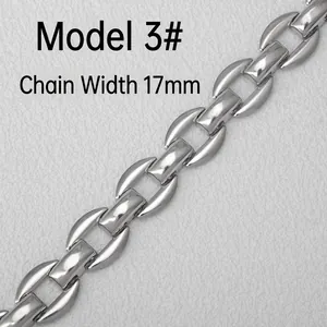 Macro view of 17mm wide silver stainless steel DIY jewelry chain links with unique hooks