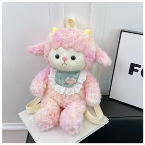 Close-up of soft pink plush pig doll backpack featuring curly faux fur texture