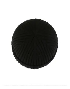 Top view of a thick black ribbed knit beanie showing high-quality winter texture