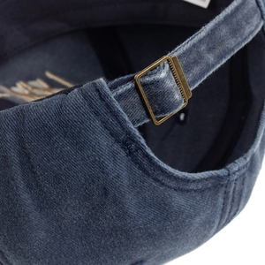 Navy blue washed cotton baseball cap with adjustable vintage brass buckle and stitching
