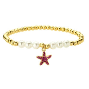 Bracciale a sfere dorate con perle bianche e ciondolo a stella marina fucsia su bianco