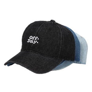 Three vintage denim baseball caps with Off Day embroidery in black and blue shades