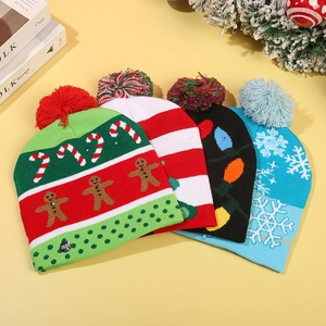 Festive knitted Christmas hats with LED lights featuring gingerbread and snowflake patterns