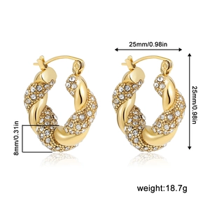 18K gold plated twisted hoop earrings with micro-pave crystals and 25mm diameter