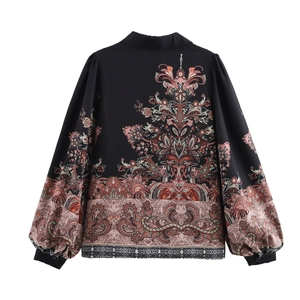Ethnic paisley print women's long sleeve blouse with puff sleeves and stand collar