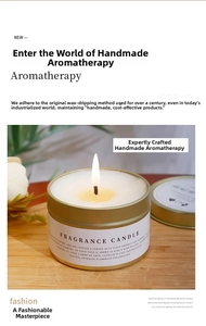 Detail of aromatic soy candle in gold tin with a white minimalist fragrance label