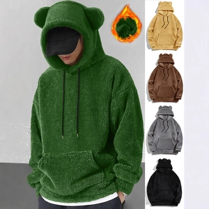 Men Hoodie Faux Lambswool Warm Thickened Bear Ears Hood Casual Oversized Sweatshirt Fleece Pullover Loose Fit Fashion
