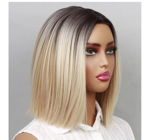 Side view detail of a platinum blonde ombre bob wig with straight shoulder-length hair