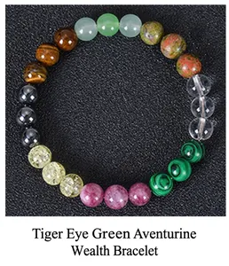 Detailopname van 8mm tijgeroog en groene aventurijn kralen op een beschermende armband