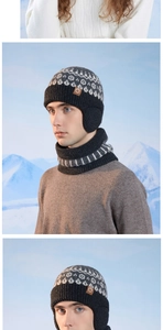 Close-up of men's winter knitted hat and neck warmer set with fleece lining in snow