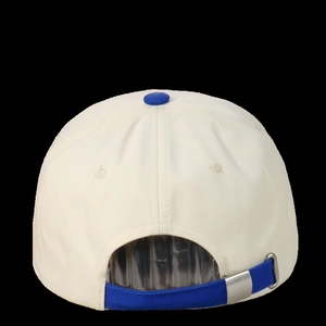Rear view of beige twill baseball cap showing blue adjustable strap and silver metal buckle