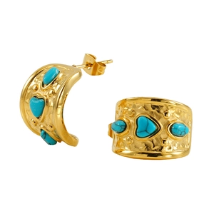 Vintage 18K gold plated stainless steel hoop earrings with turquoise heart stones