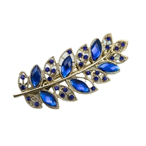 Pince à cheveux feuille en métal doré ornée de strass bleus étincelants pour femmes