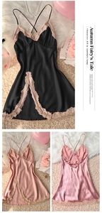 Detailed close-up of lace trim and satin texture on a sexy backless women's sleepwear dress
