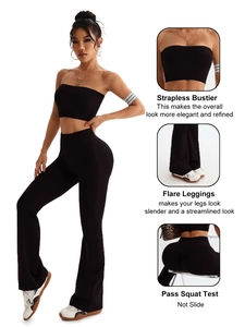 Women's Seamless Ribbed Yoga Set Strapless Tube Top And High Waist Flare Leggings High Stretch Sportswear Top And Bottom