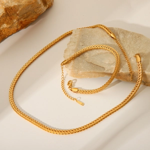 18K gold plated stainless steel braided chain necklace and bracelet jewelry set
