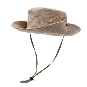 Outdoor khaki sun hat with wide brim, Travellers mountain embroidery and chin strap
