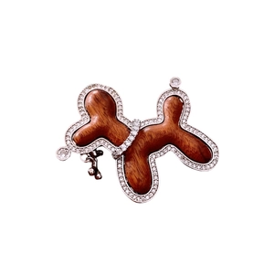 Balloon dog brooch with brown wood insert and sparkling zircon silver metal frame