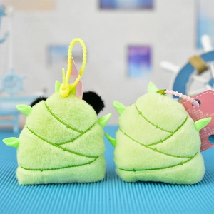 Detailed view of adorable bamboo shoot panda plush charms with soft green furry texture