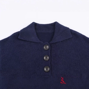 Navy blue polo knit sweater with button-down collar and red embroidered logo