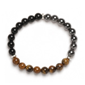 8mm natural tiger eye and hematite beaded stretch bracelet with silver spacers