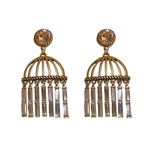 Vintage gold tassel earrings with zircon round studs and dangling crystal charms
