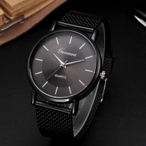 All-black unisex quartz watch with mesh strap and minimalist Geneva dial display
