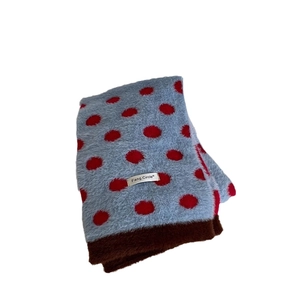 Gray-blue winter scarf with red polka dots and brown faux mink fur trim, soft and warm