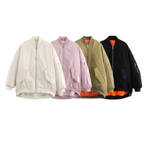 Women Oversized Bomber Jacket Lightly Padded Quilted Lining Flight Jacket Ribbed Trim Zip Up Casual Outerwear