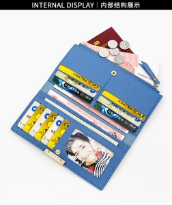 Intérieur du portefeuille bleu en cuir avec plusieurs fentes pour cartes et fenêtre ID