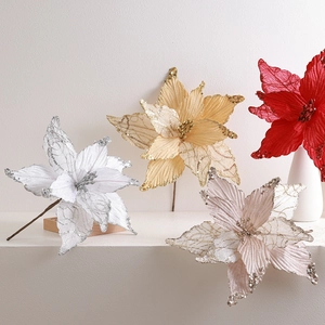Champagne and red artificial Christmas tree poinsettia flowers with glitter for decor