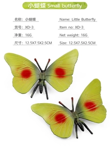 Makro-Detail eines gelb-grünen Schmetterlingsmodells mit roten Punkten und Maßen